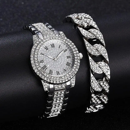 Women's Diamond Artificial Set - Roman Watch - Silver /Gold /Gold Rose