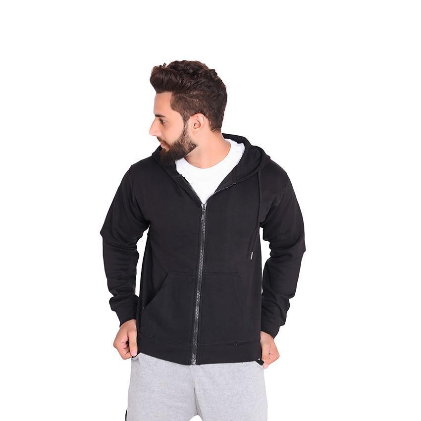 Men's Fleece Hooded Neck Zipper Hoodie - Plain Black - 1 Pc