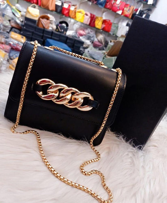 PU Leather Plain Hand Bag With Long Chain Strap