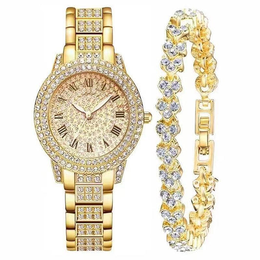 Women's Diamond Artificial Set - Roman Watch - Rose Gold/ Silver /Gold